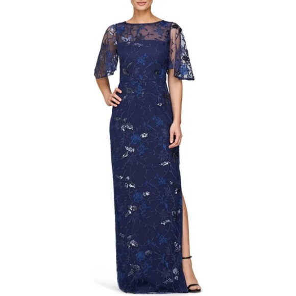 JS Collections Sapphire Navy Daphne Embroidered Sequin Column Gown - Picture 1 of 4